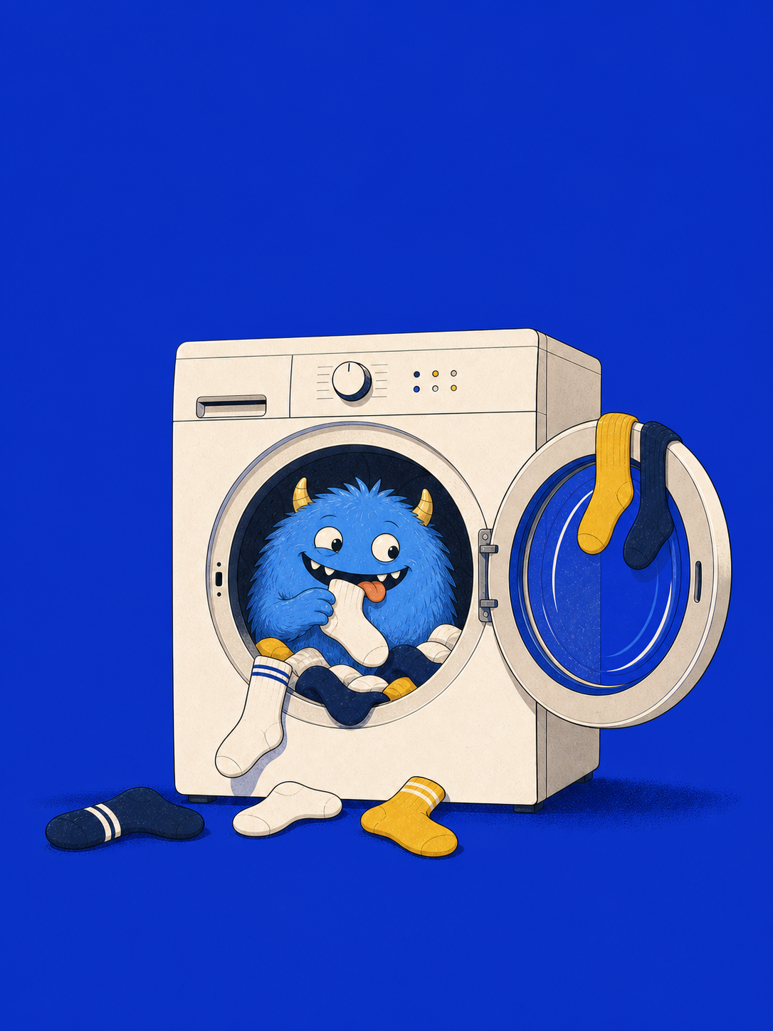 A grinning blue dryer monster sitting inside a washing machine, munching on a pile of odd socks