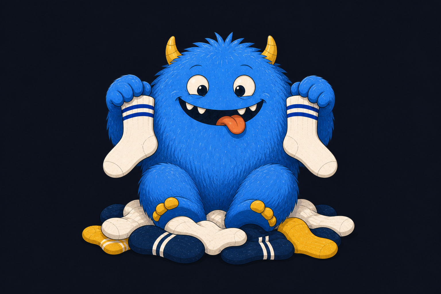 Socrates, the Odd Sock monster, holding up a pair of socks in a giving gesture